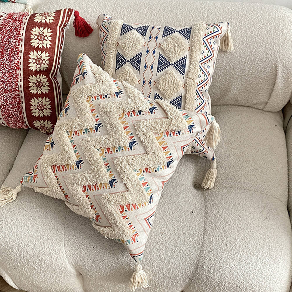 Maroccan-inspired decorative throw pillow with tassels