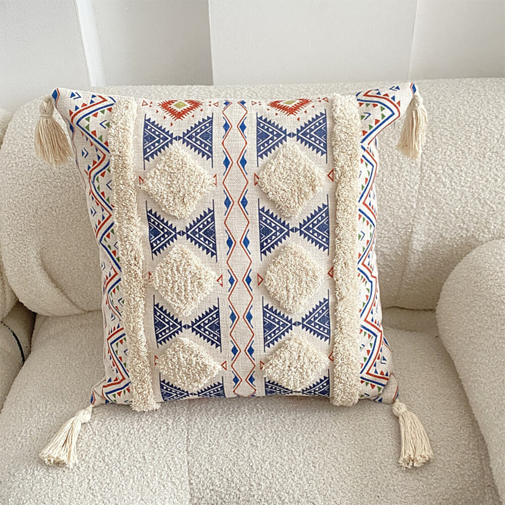 Maroccan-inspired decorative throw pillow with tassels